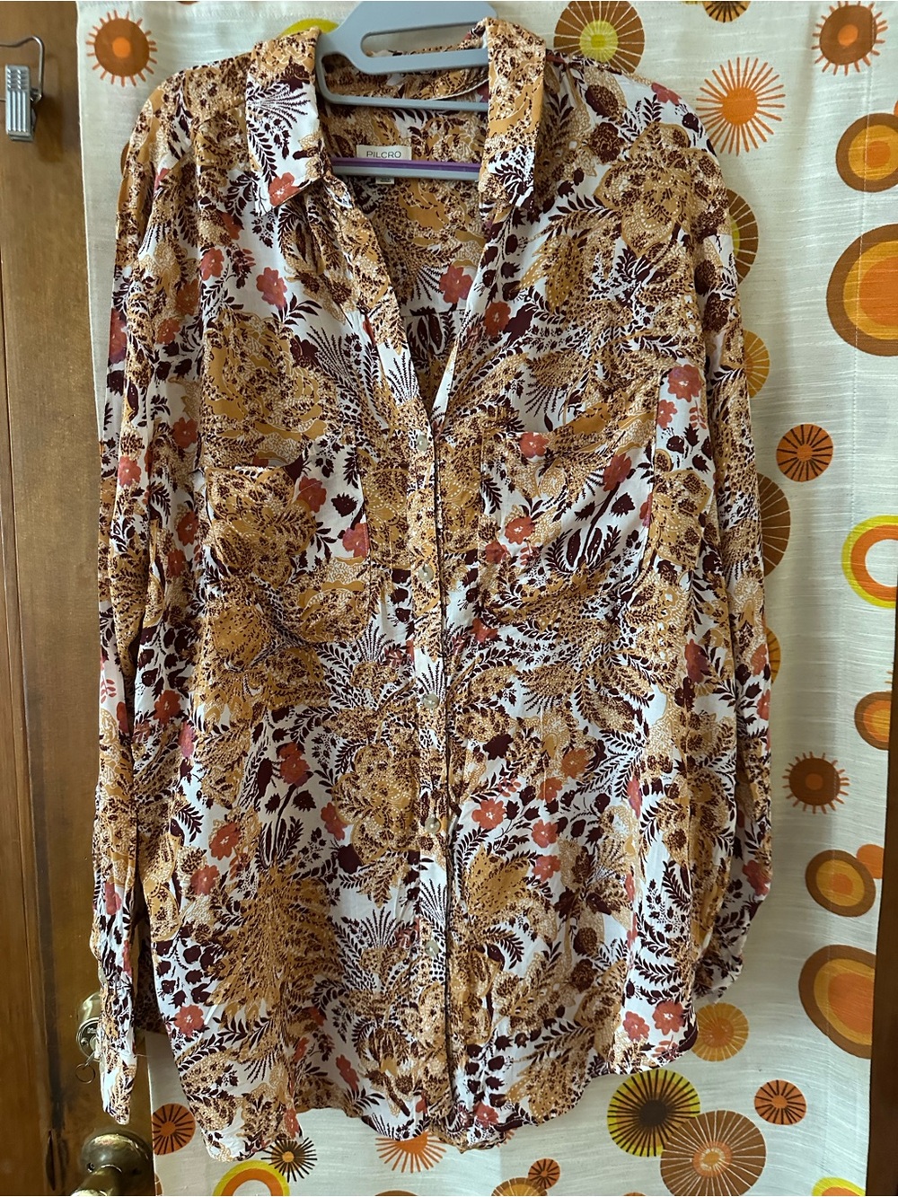 Pilcro Cream Button-Down Shirt with Mustard and Rust Floral Print